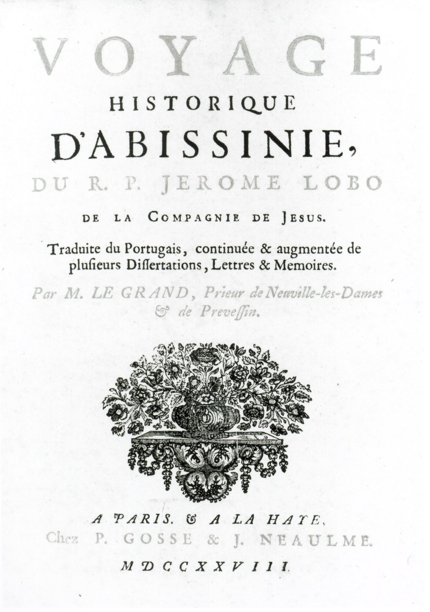Frontispício da tradução francesa de Voyage to Abyssinia por Jeronimo Lobo (c.1596-1678) publicado em 1728 de French School