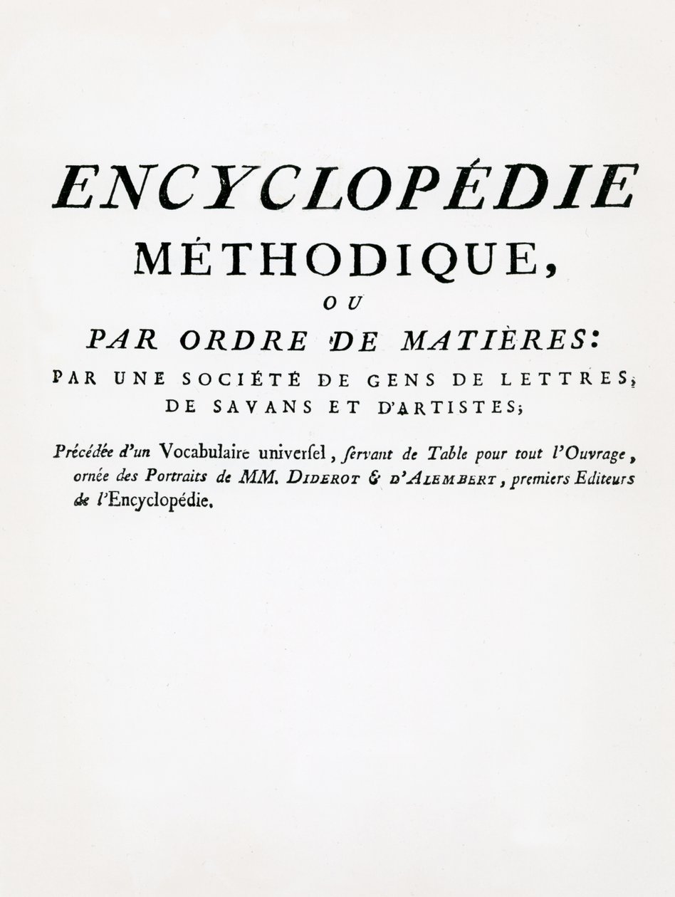 Frontispício da Enciclopédia Metódica por Ordem do Sujeito, editado por Denis Diderot e Jean Le Rond DAlembert, publicado em 1782 (impresso) de French School