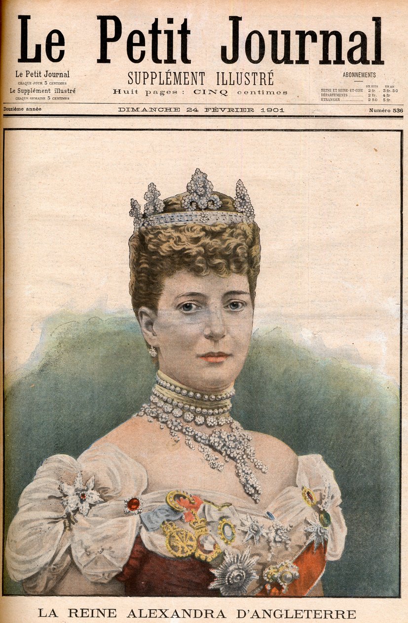 Primeira página do jornal francês queen Alexandra da Inglaterra (1844-1925) esposa do rei EdwardVII "Le Petit Journal" 24 de fevereiro de French School