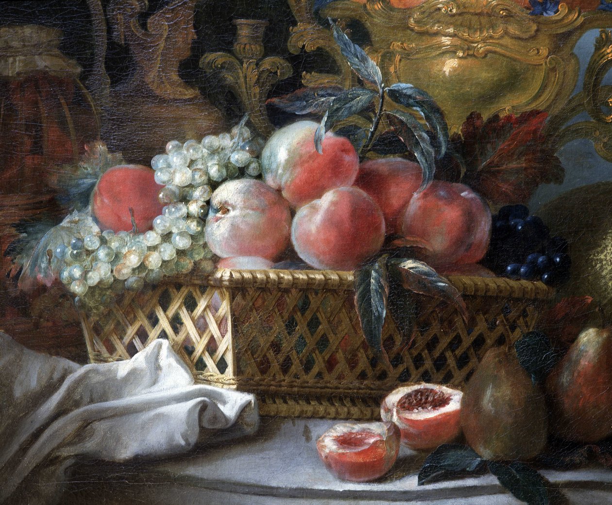 Vaso e cesto de fruta (detalhe). c.1770 (óleo sobre tela) de French School