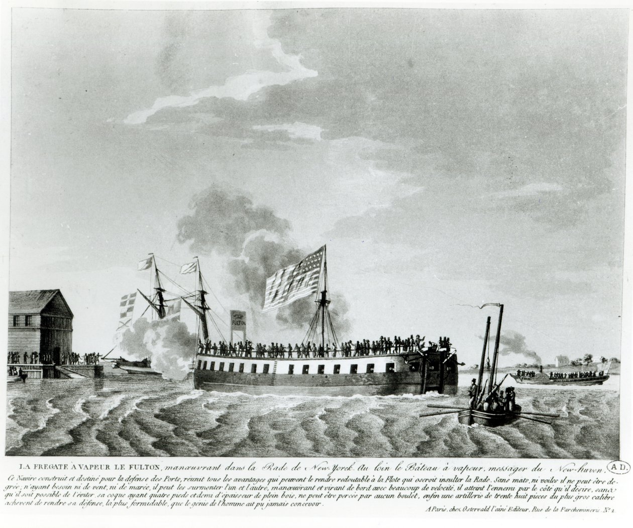 Navio de guerra Fulton a vapor, Fulton the First, projetado e construído por Robert Fulton para a defesa de Nova York na guerra de 1812 (bw photo of early 19th c. Gravura) de French School