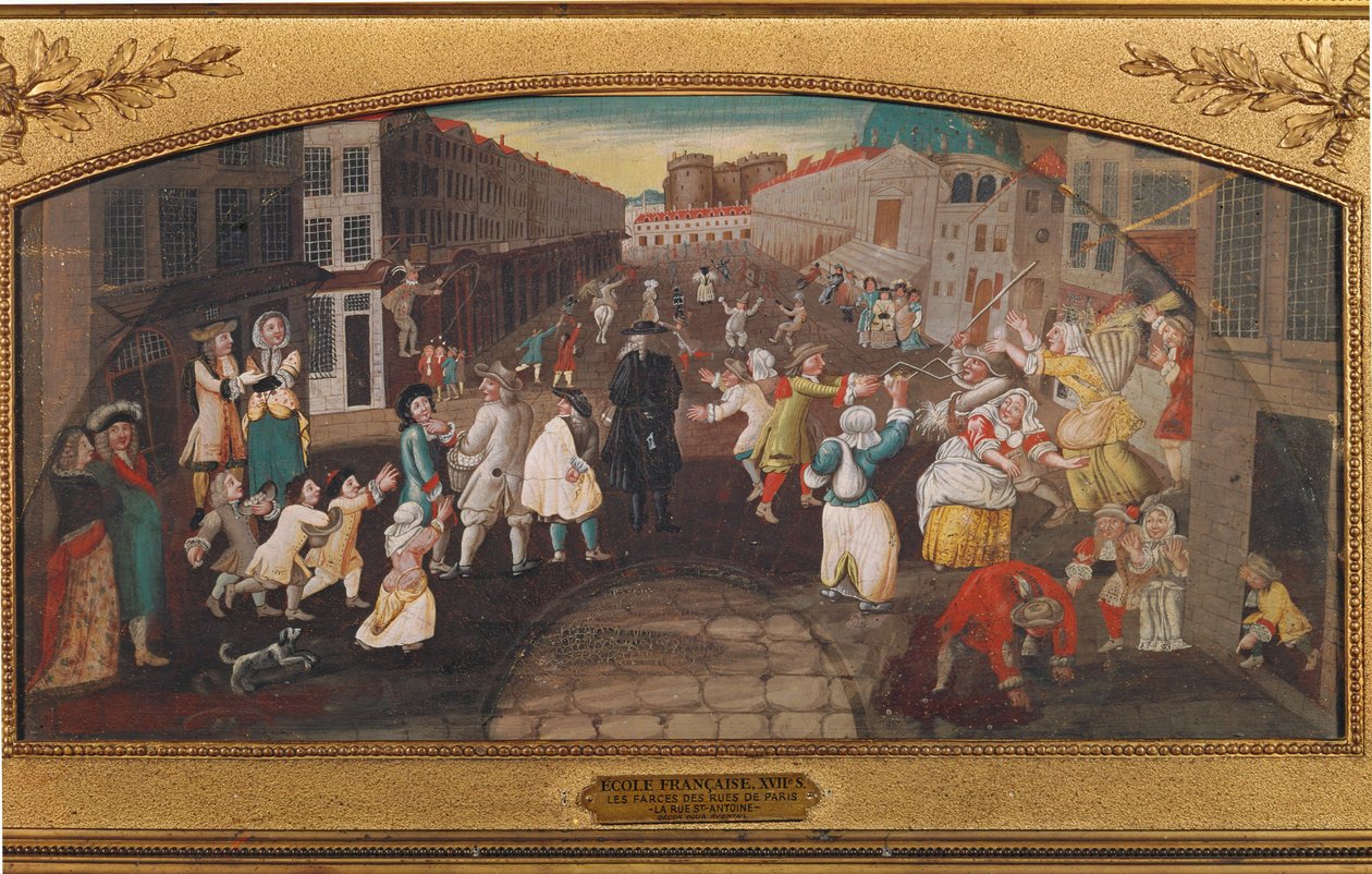 Diversão e jogos nas ruas de Paris - rue St. Antoine ... (pintura sobre tela) de French School
