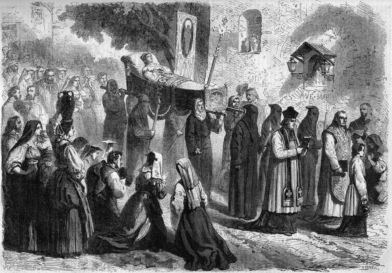 Cortejo fúnebre nas ruas de Sparanisi (Itália) durante o funeral de uma jovem rapariga de French School