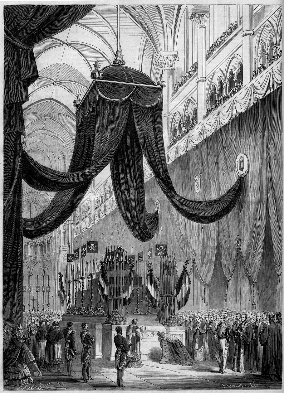 Funeral de Esprit Victor Elisabeth Boniface de Castellane (1788-1862), marechal francês: Catafalque do falecido durante a cerimônia religiosa celebrada na catedral de Lyon, Ródano (69) de French School