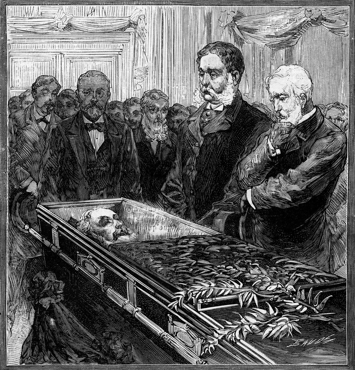 Funeral de James Abram Garfield (1831-1881), Presidente dos Estados Unidos: seu substituto, Chester Alan Arthur (1830-1886) e o Secretário Blain em frente ao caixão sob a cúpula do Capitólio de Washington. Gravura em "Le Monde Illustré" n°1282 de de French School