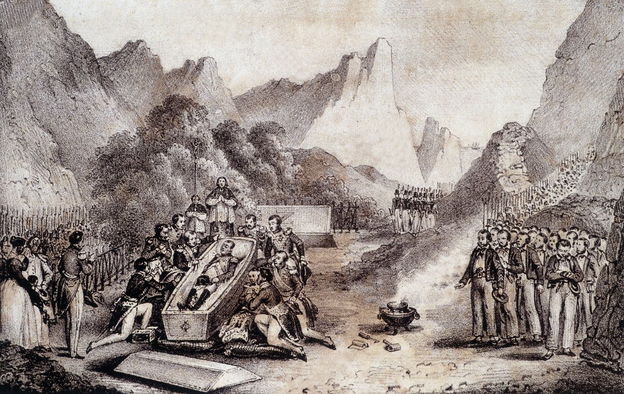 Funeral de Napoleão I: exumação do corpo de Napoleão em St. Helena - desenho de Levilly, em "Pintura histórica do funeral de Napoleão" de M. St Maurice, c. 1851. de French School