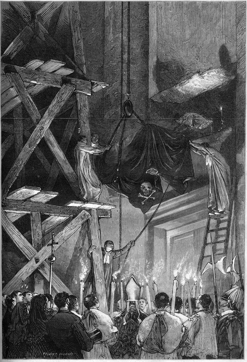 Funeral do Papa Pio Ix (Pio) (1792-1878): enterro do corpo na Basílica de São Pedro, em Roma. Gravura no "Le Monde Illustré" n°1093 de 9 de Março de 1878. de French School