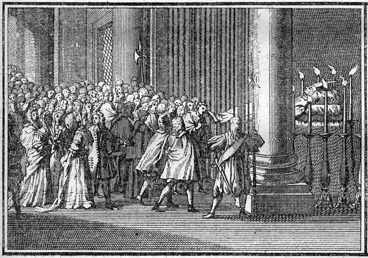 Funeral de um Papa no século XVIII: o corpo do Papa expõe três dias na Igreja de São Pedro em Roma. Gravura em "Histoire des religions". de French School