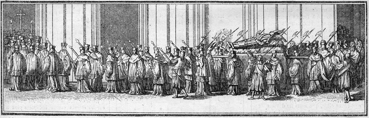 Funeral de um papa no século XVIII: o corpo do papa leva para a Igreja de São Pedro em Roma. Gravura em "Histoire des religions". de French School