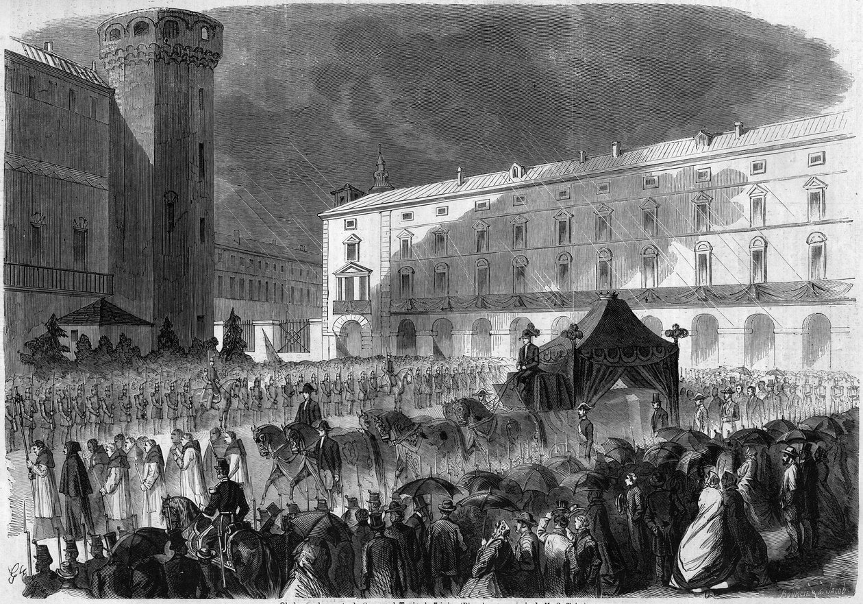 Funeral do Conde de Cavour, Turim, 7 de Junho de 1861: procissão fúnebre com o caixão de Camillo Benso, Conde de Cavour (1810-1861), político italiano. Gravura no "Le Monde Illustré" n°219 de 22 de Junho de 1861. de French School