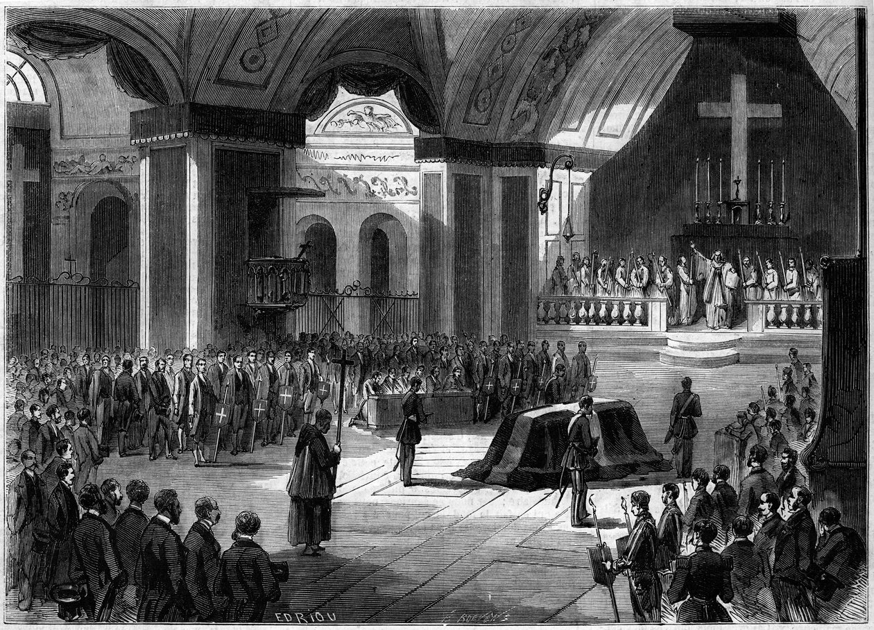 Funeral do Conde de Cavour, Turim, 7 de Junho de 1861: vista interior da igreja da Madonna dos Anjos durante a cerimónia. Gravura no "Le Monde Illustré" n°219 de 22 de Junho de 1861. de French School