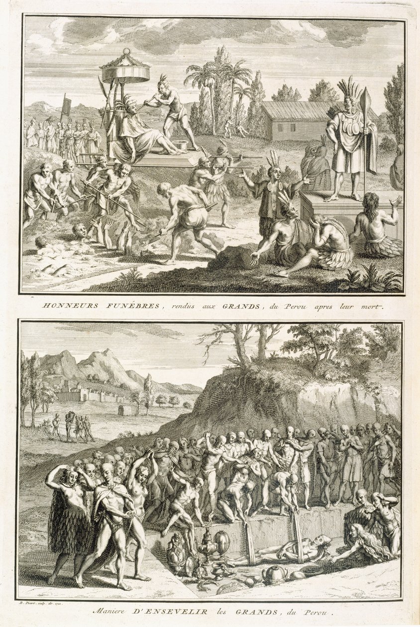 Ritos fúnebres e a maneira de senhores sepultadores após sua morte, no Peru, ilustração de Cerimônias Religiosas e Costumes, gravada por Bernard Picart (1673-1733) 1722 de French School