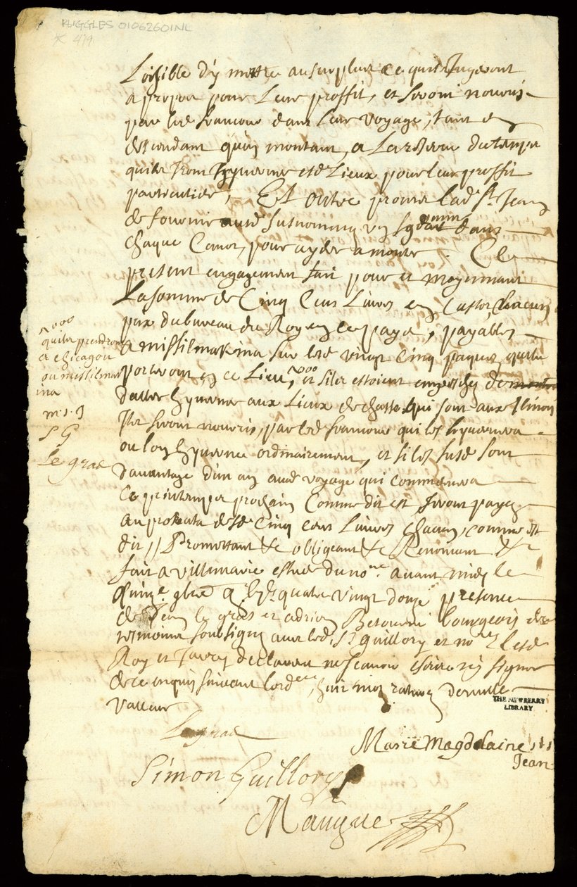 Contrato de comércio de peles entre Francois Francoeur e quatro voyageurs para transporte de mercadorias e compra de beaverpelts em Michilimackinac e Chicago, 1692 (ver também 332318) de French School