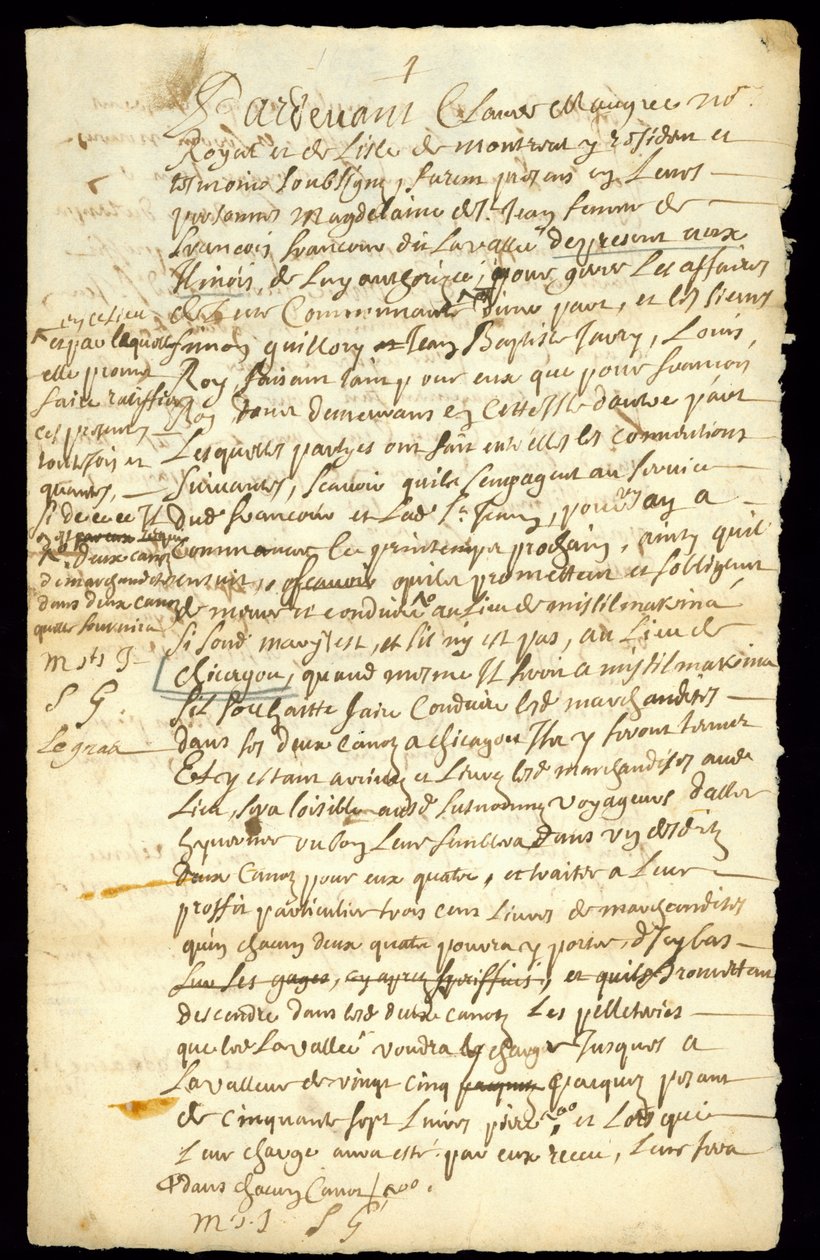 Contrato de comércio de peles entre Francois Francoeur e quatro voyageurs para transporte de mercadorias e compra de beaverpelts em Michilimackinac e Chicago, 1692 (ver também 332317) de French School