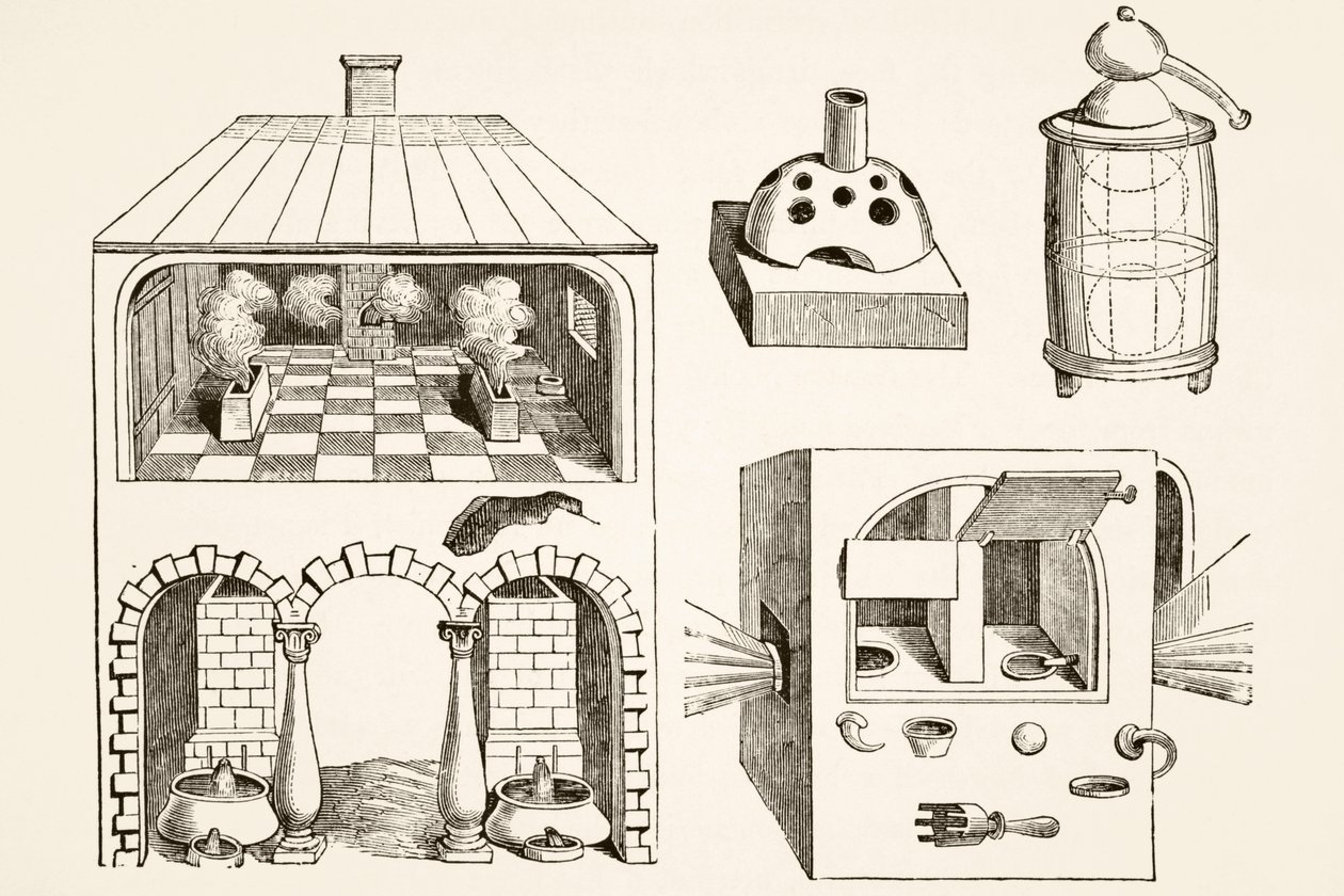 Fornos e diversos aparelhos utilizados por químicos e alquimistas na Idade Média, após uma gravura de Vriese, de Science and Literature in The Middle Ages de Paul Lacroix pub. Londres 1878 de French School