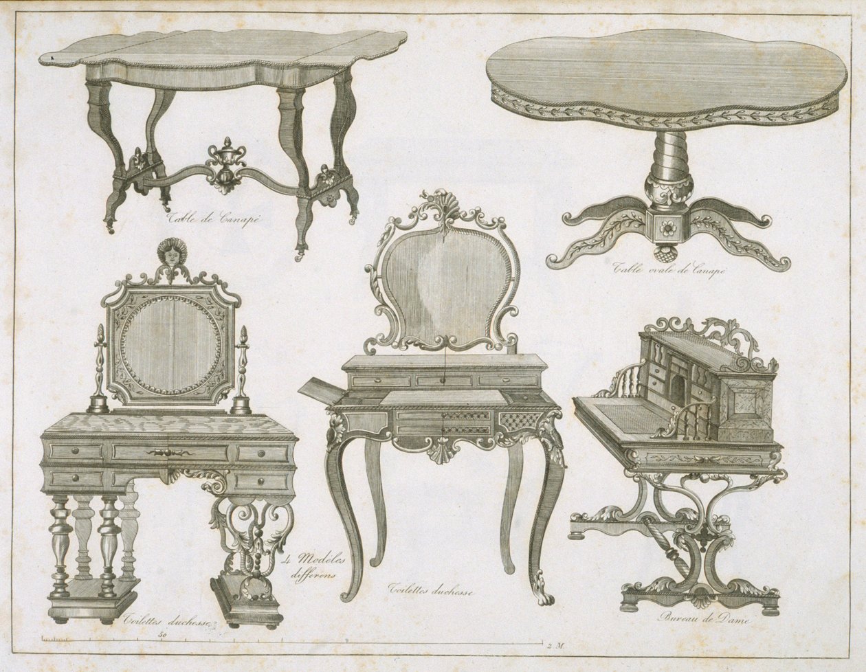 Designs de móveis por Lefevre-Chauveaux, do álbum Dessins de Meubles, gravura em preto e branco de French School
