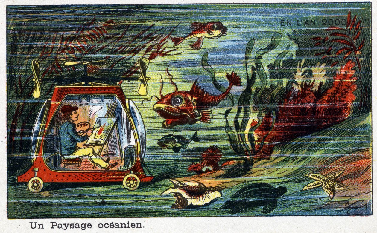 Futuredays: Uma Visão do Século XIX do Ano 2000 - Série "No Ano 2000": Uma Paisagem Oceânica (um pintor pintando a paisagem sob o mar em um pequeno veículo subaquático). Cromolitografia de Villemard de French School