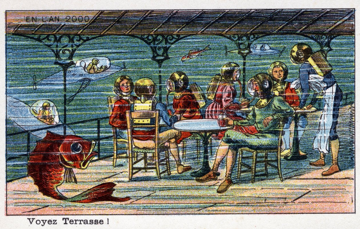 Futuredays: Uma Visão do Século XIX do Ano 2000 - Série "No ano 2000": Ver terraço (debaixo do mar). Cromolitografia de Villemard de French School
