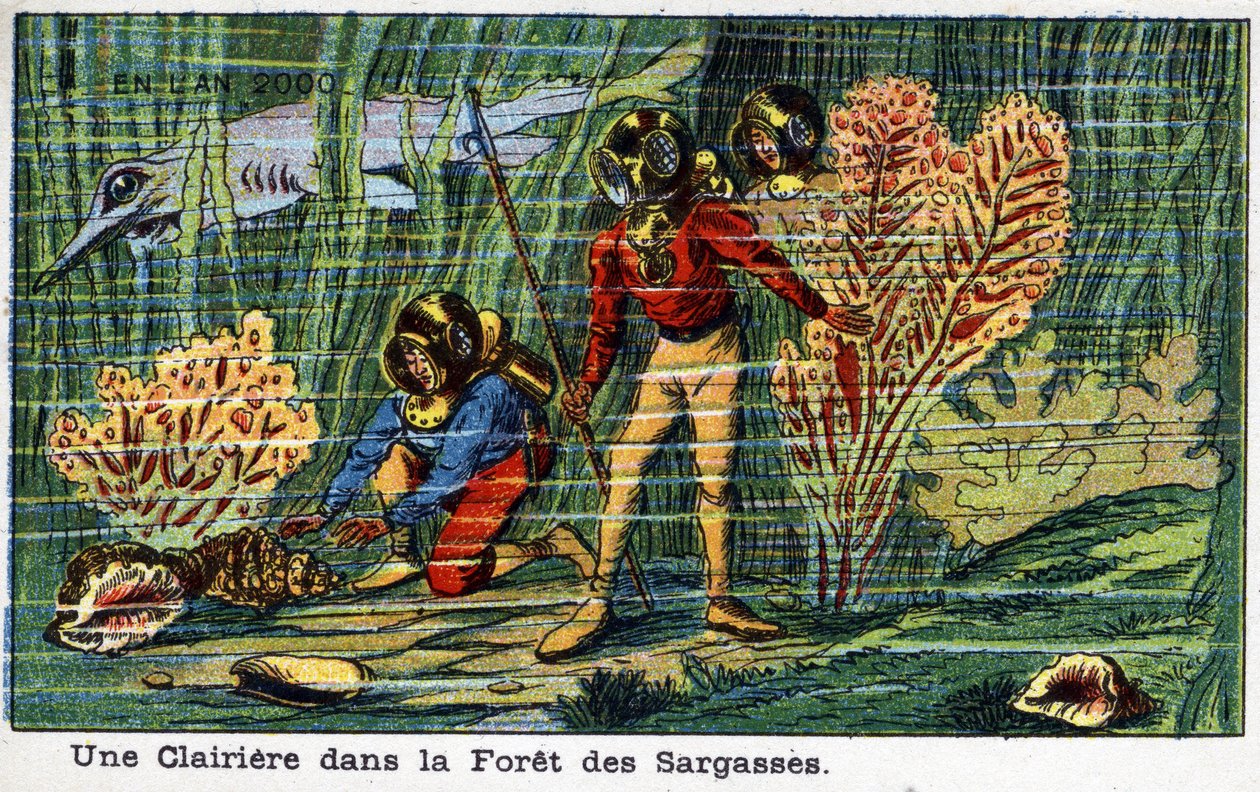 Futuredays: Uma Visão do Século XIX do Ano 2000 - Série "Em 2000": Uma clareira na Floresta dos Sargaços (debaixo do mar). Cromolitografia de Villemard de French School