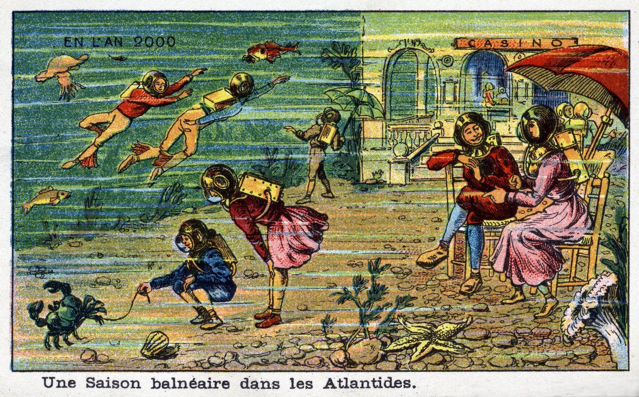 Futuredays: Uma Visão do Século XIX do Ano 2000 - Série "No Ano 2000": Uma Temporada à beira-mar na Atlântida. Cromolitografia de Villemard de French School
