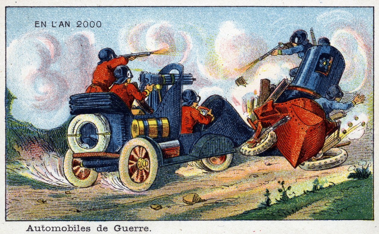 Futuredays: Uma Visão do Século XIX do Ano 2000 - Série "No Ano 2000": Automotivo de Guerra. Cromolitografia de Villemard de French School