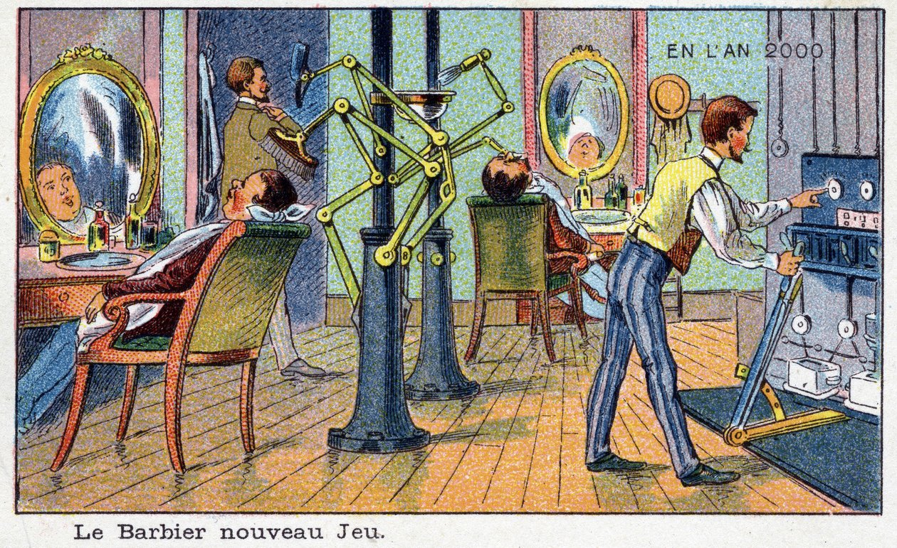 Futuredays: Uma Visão do Século XIX do Ano 2000 - Série "No Ano 2000": O novo barbeiro do jogo (máquina automática). Cromolitografia de Villemard de French School