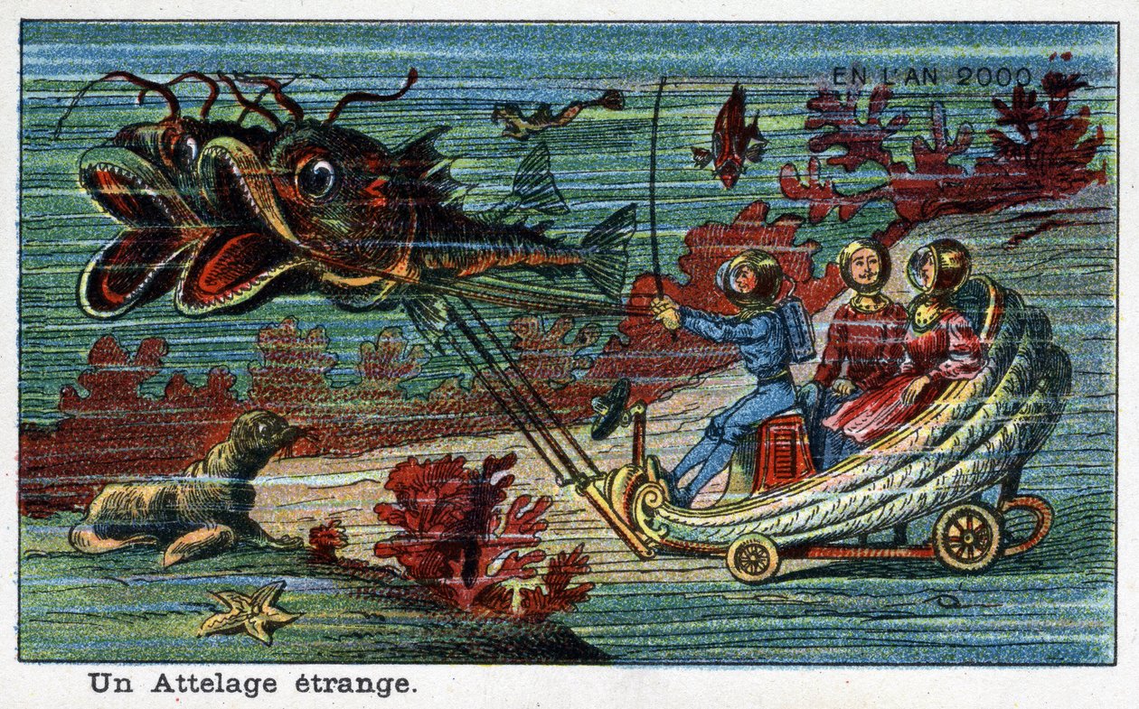 Futuredays: Uma Visão do Século XIX do Ano 2000 - Série "No Ano 2000": Um estranho engate (tanque puxado por peixes debaixo do mar). Cromolitografia de Villemard de French School