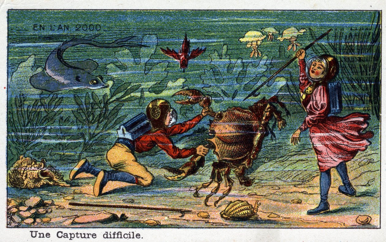 Futuredays: Uma Visão do Século XIX da Série do Ano 2000: Uma Captura Difícil (Debaixo do Mar). Cromolitografia de Villemard de French School