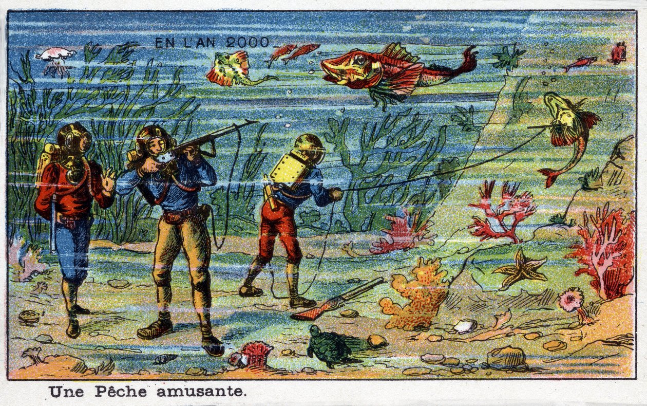 Futuredays: Uma Visão do Século XIX da Série do Ano 2000: A Fun Fishing (Under the Sea). Cromolitografia de Villemard de French School