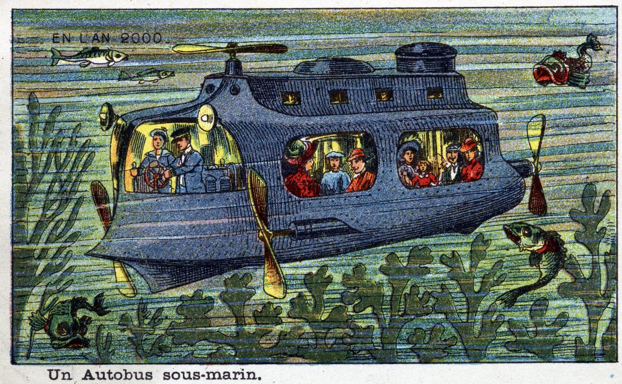 Futuredays: Uma Visão do Século XIX da Série do Ano 2000: Um autocarro subaquático. Cromolitografia de Villemard de French School