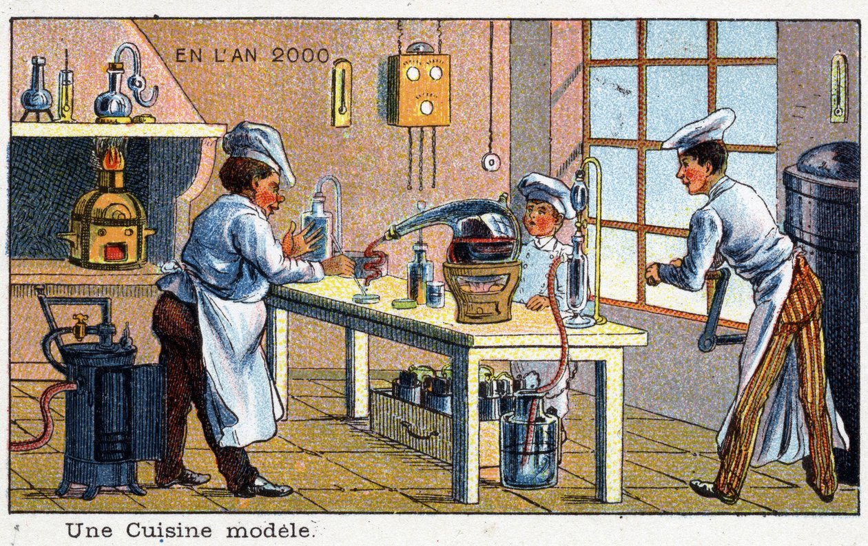 Futuredays: Uma Visão do Século XIX da Série do Ano 2000: Uma cozinha modelo. Cromolitografia de Villemard de French School