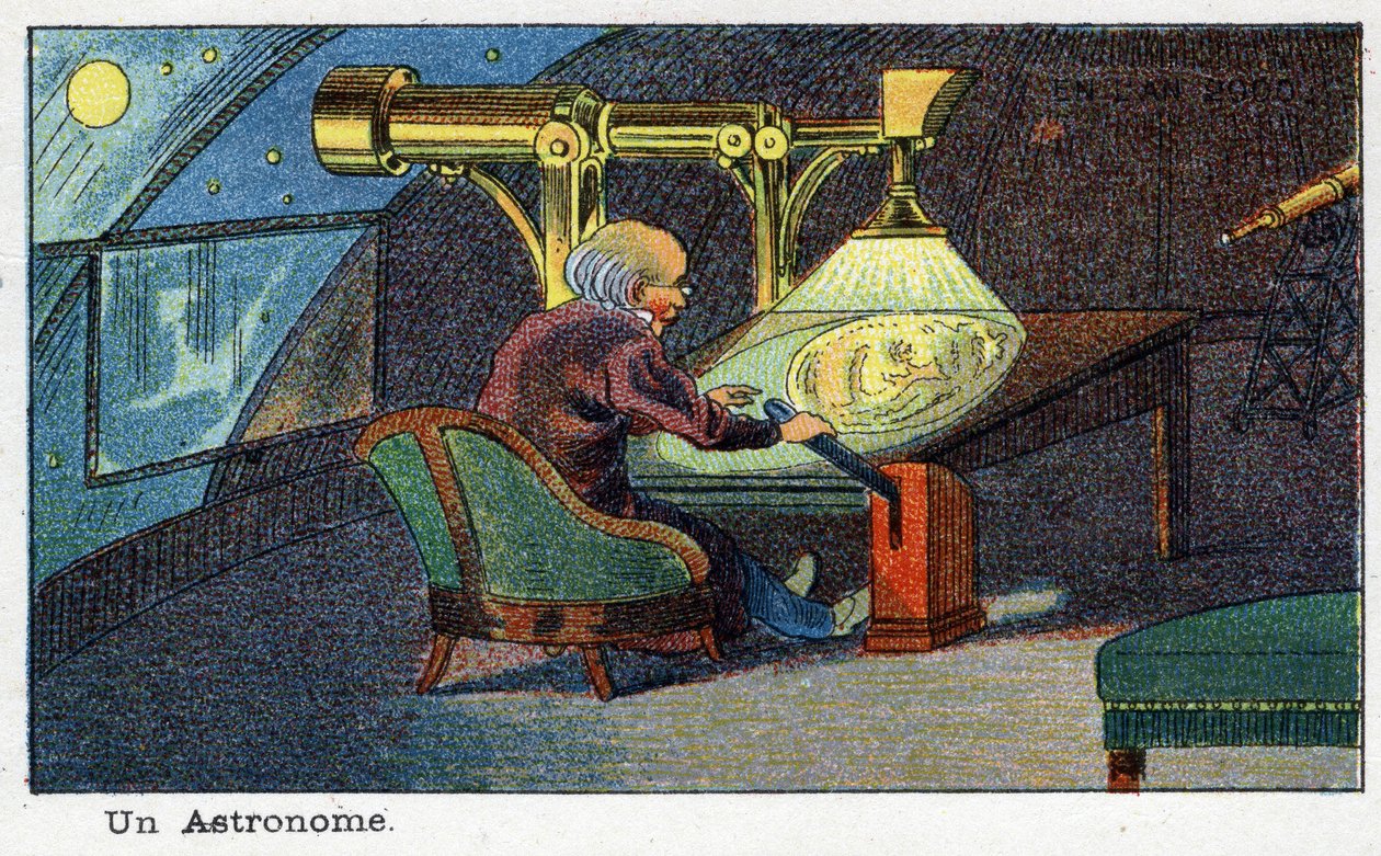 Futuredays: Uma Visão do Século XIX da Série do Ano 2000: Um astrônomo (trabalhando com um telescópio em particular). Cromolitografia de Villemard de French School