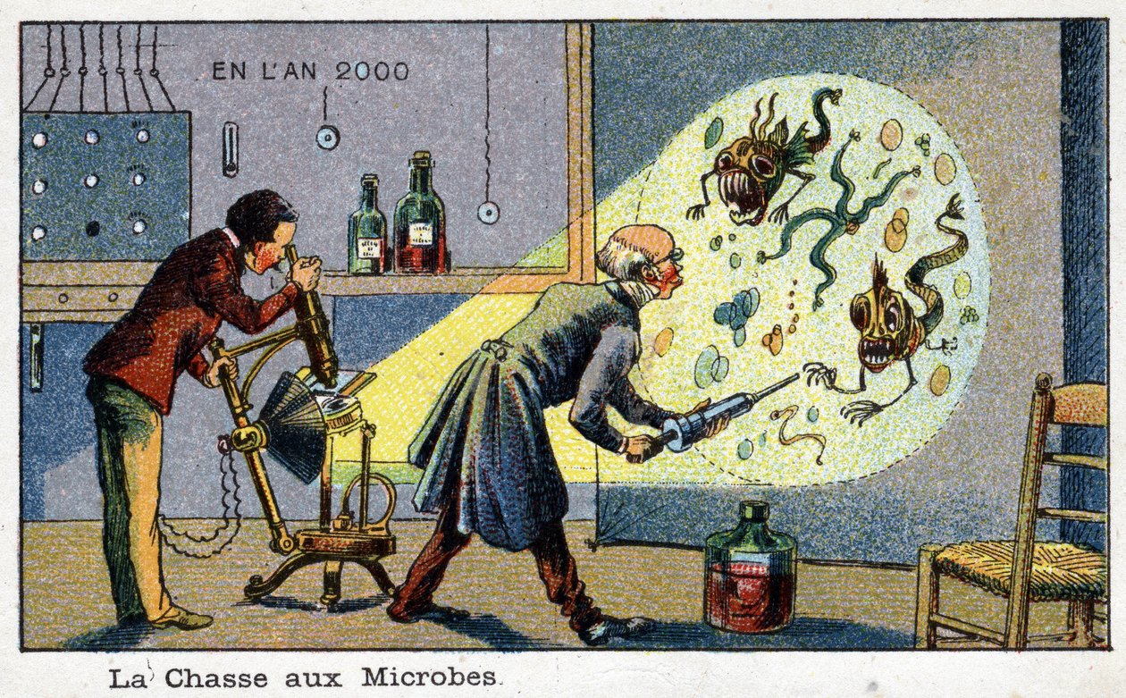 Futuredays: Uma Visão do Século XIX da Série do Ano 2000: A Caça aos micróbios (2 cientistas removendo micróbios aumentados usando uma máquina). Cromolitografia por Villemard de French School