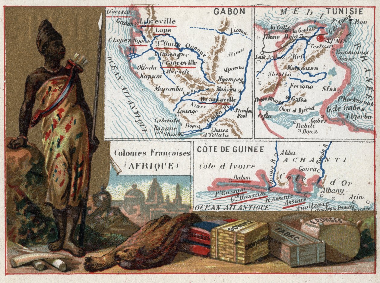 Gabão, Tunísia e a Costa do Guinee em África. Série sobre as colónias francesas. Matéria-prima: goma, esponja, tabaco e sedas, marfim. Cromolitografia (Chromo) "o fio geográfico", cerca de 1920. Colecção privada. de French School