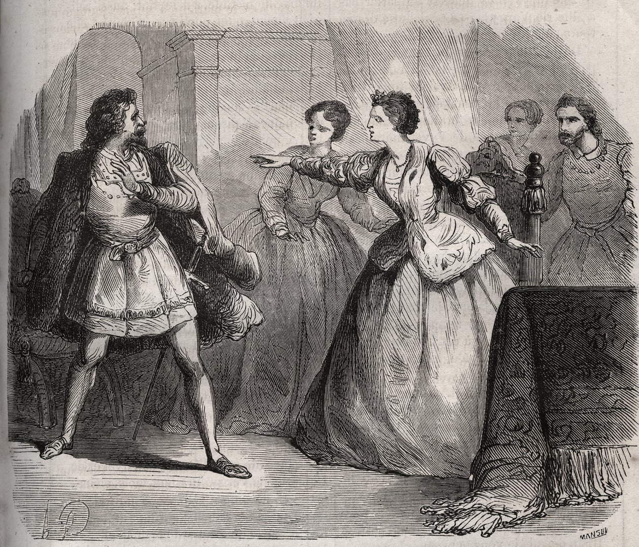 Gabrielle de Vergy contesta seu noivo, Eudes de Fayel, que tem ciúmes da amizade que tem com seu primo, Albert de Nozereau. Cena de uma lenda do século XII. Gravura de 1871 em "Histoire Des Cocus Celebres" de Henry de Kock (1819-1892). de French School