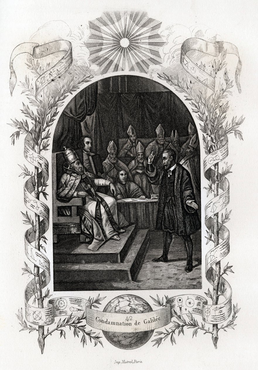 Galileu (ou Galileu Galilei (1564-1642)) perante o Santo Ofício no Vaticano" O astrônomo foi condenado pelo Tribunal da Inquisição em 1632. Gravura para ilustrar a Histoire des popes de Maurice Lachatre (1814-1900), librairie du progres, Paris. de French School