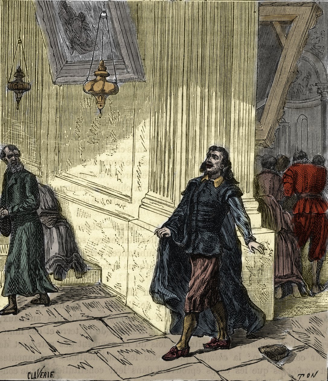 Galileo Galilei (1564-1642), cientista italiano, observando o balançar pendular de uma lâmpada na Catedral de Pisa, Itália, em 1582 - Galileo Galilei dit Galilee (1564-1642) observando a oscilação da lâmpada da Catedral de Pisa em 1582 - Engraving i de French School