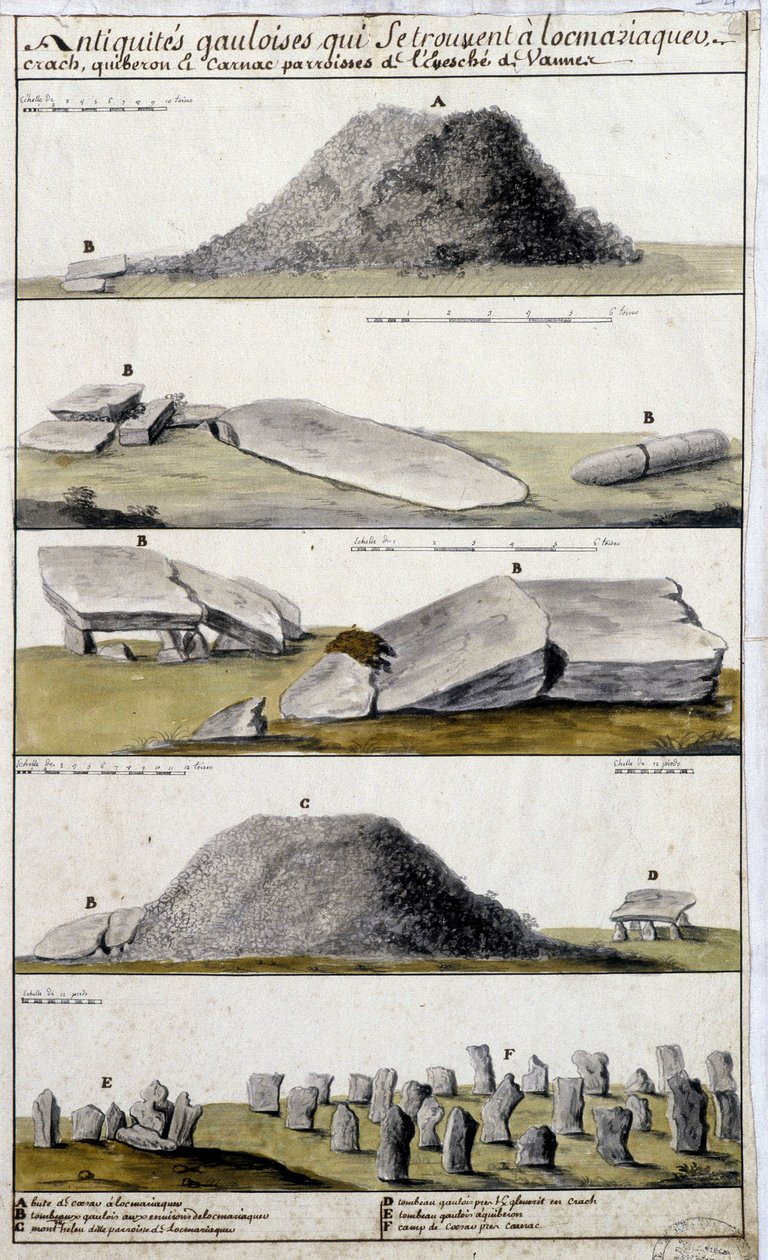 Antiguidades Gálicas localizadas em Locmaziaquev, Crach, Quiberon e Carnac, paróquias do Eveche de Vanne - in "Descrição histórica, topográfica e natural da Bretanha" de Robien de French School