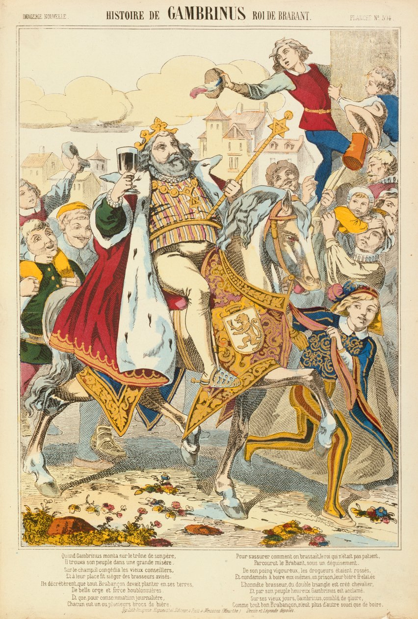 Gambriunus, lendário rei da Flandres, panfleto publicado por Verlag Haguenthal, Pont-a-Mousson, 1860 de French School