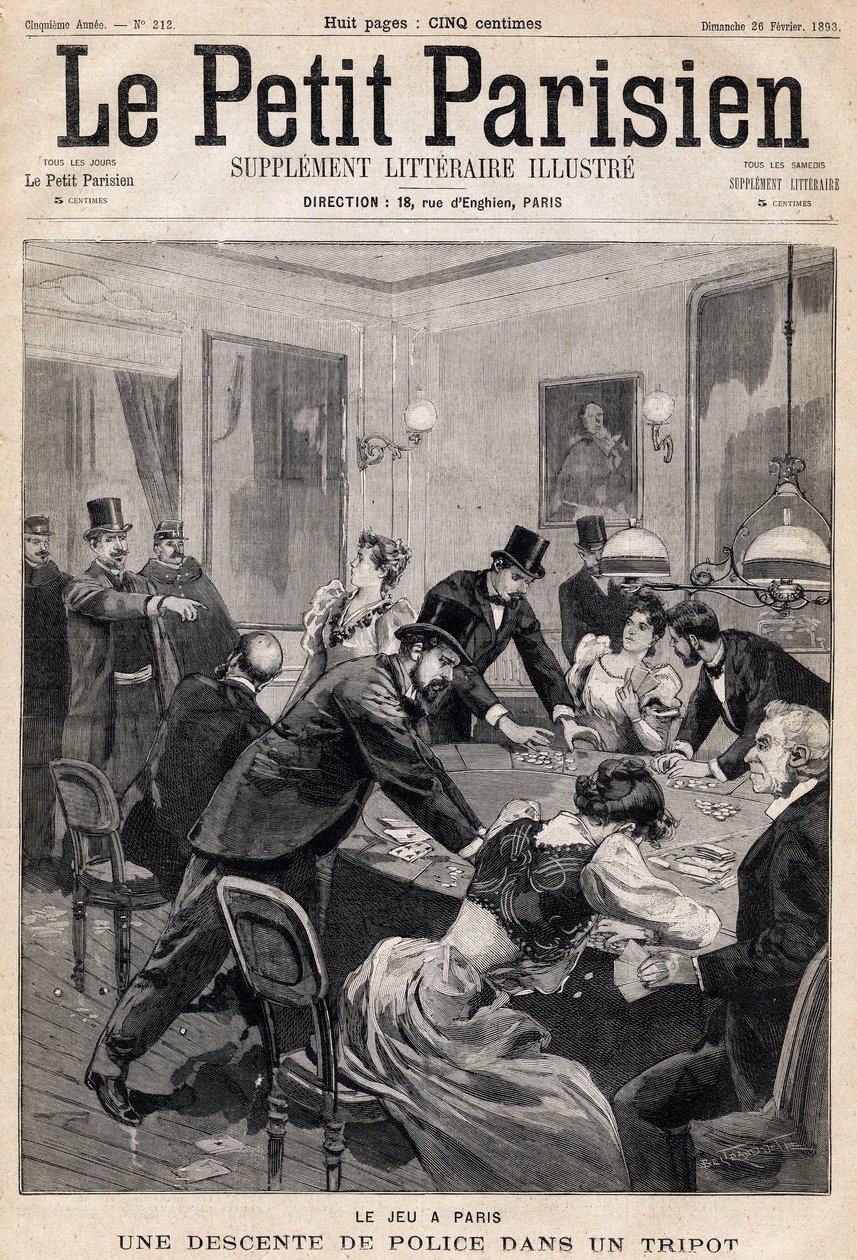 Casa de jogos em Paris: A polícia faz uma rusga num clube de jogo (casino). Um dos jornais " Le Petit Parisien" em 26/02/1893 (gravura) de French School