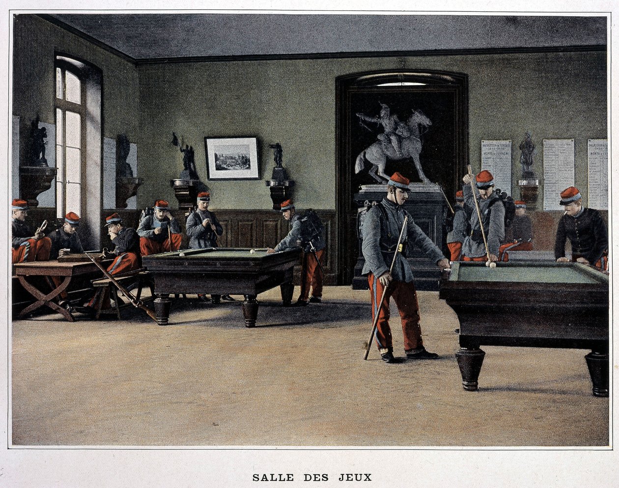 Sala de jogos: soldados a jogar bilhar e de - em "Álbum militaire" - infantaria de French School