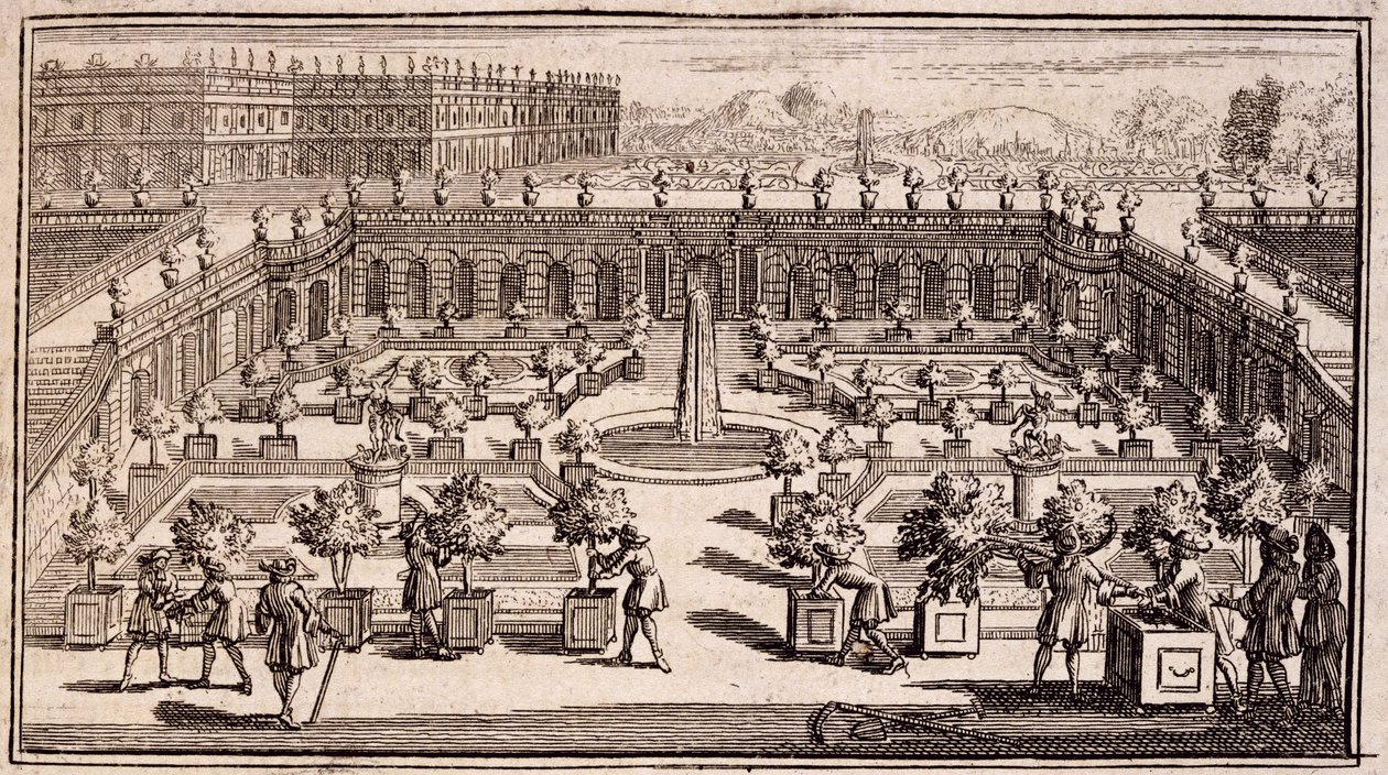 Jardineiros trabalhando em um jardim de laranja, de The Perfect Gardener, ou Instrução para Jardins de Frutas e Hortas, de Jean de la Quintinye, publicado em 1695 de French School
