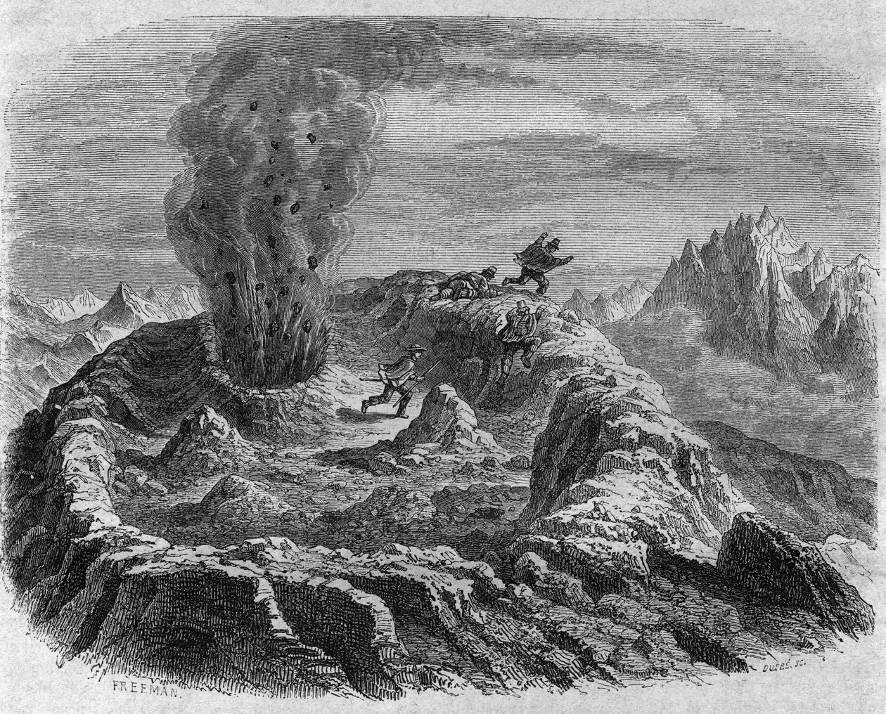 Erupção de gás do vulcão Antujo no Chile. Gravação por Freeman em "The Picturesque Magasin" (O Pitoresco Magasin) de French School