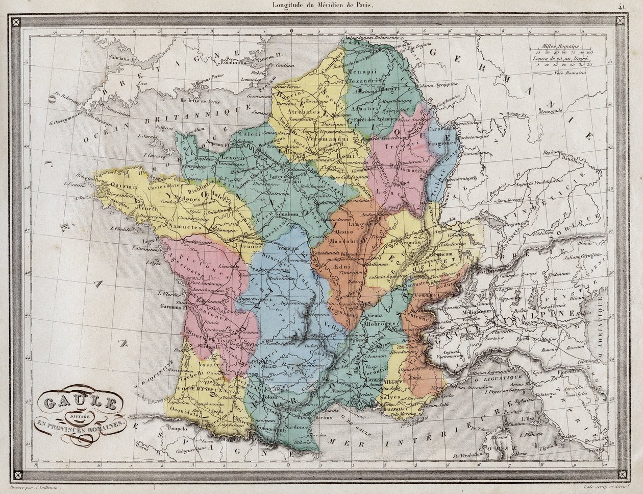 Gália dividida em províncias romanas - Placa extraída do "Atlas Universal da geografia antiga e moderna para escolas residenciais" por Vuillemin - ca. 1845 de French School