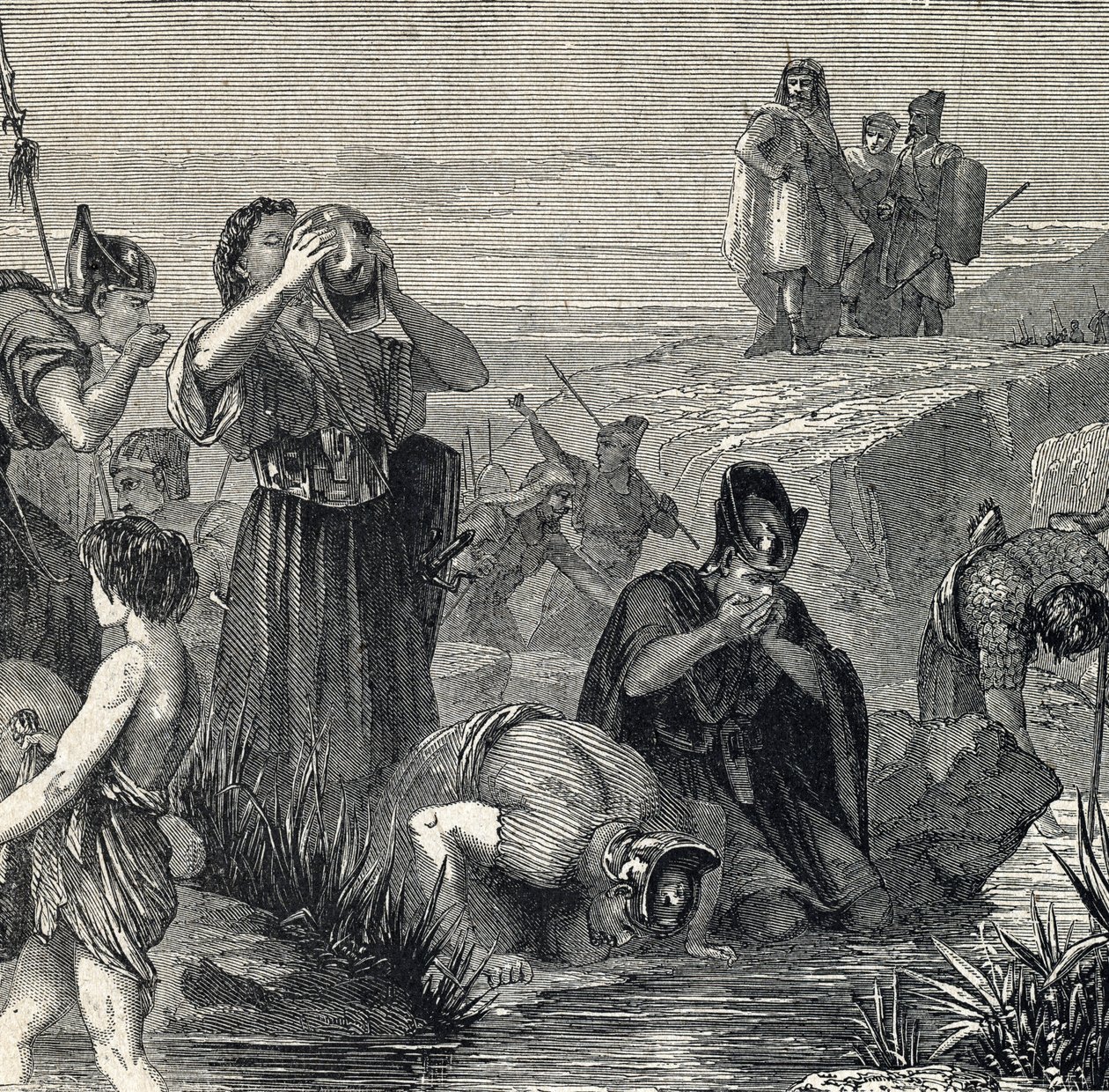 Gedeon (Gideon) chama por Deus para derrotar os Madianitas escolhe os seus soldados entre aqueles que bebem enquanto levam água à boca (Gideon ou Gedeon escolhe os seus soldados mantendo apenas aqueles que levantaram a água à boca, e enquanto o fazem, arra de French School