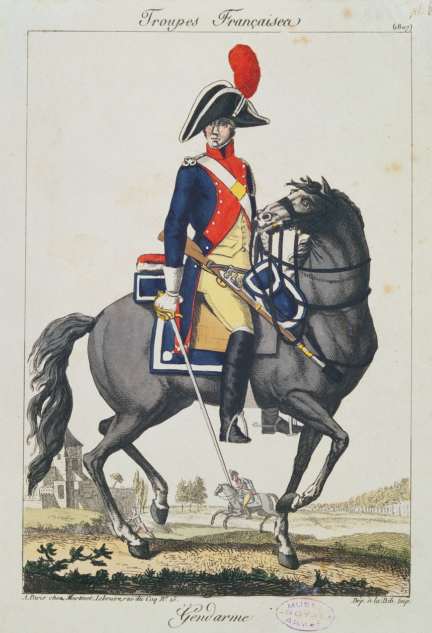 Gendarme montado em um cavalo, 1807 (gravura de cor) de French School