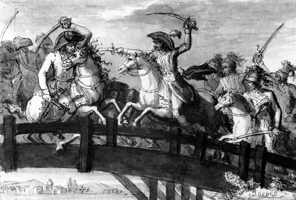 General Alexandre Dumas, o Horácio Cocles do Tirol. matando sozinho três oponentes austríacos na Ponte Clausen em 1797, c.1797 (guache) de French School