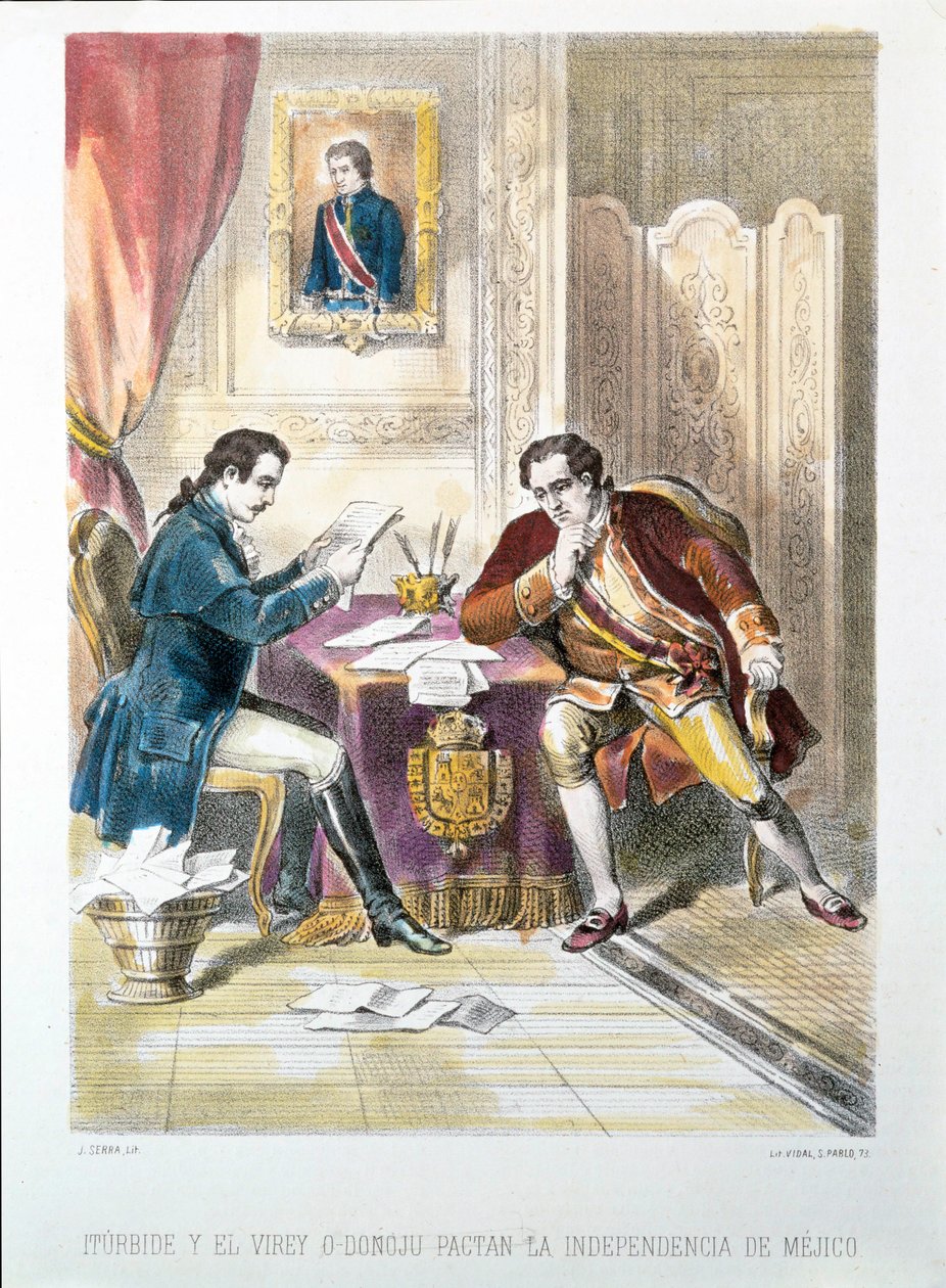 O General Augustin de Iturbide, mais tarde Imperador Augustin I do México, assina a independência do México com O