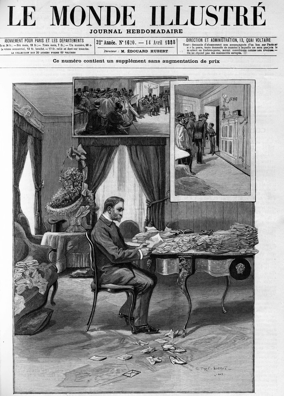 O General Georges Boulanger (1837-1891) no Hotel du Louvre procede ao exame de correspondência no "Le Monde illustrious" em 1888. de French School