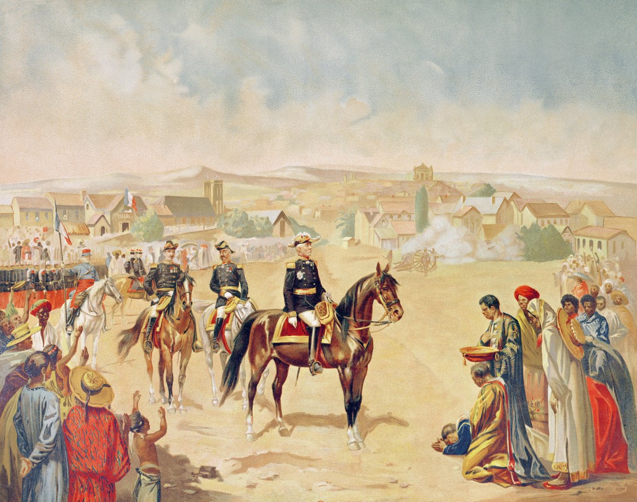 General Jacques Achille Duchesne (1837-1918) entrando em Tananarive, Madagascar, 1º de outubro de 1895 (gravura colorida) de French School